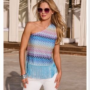Boston Proper Multicolor One-Shoulder Fringe Blouse